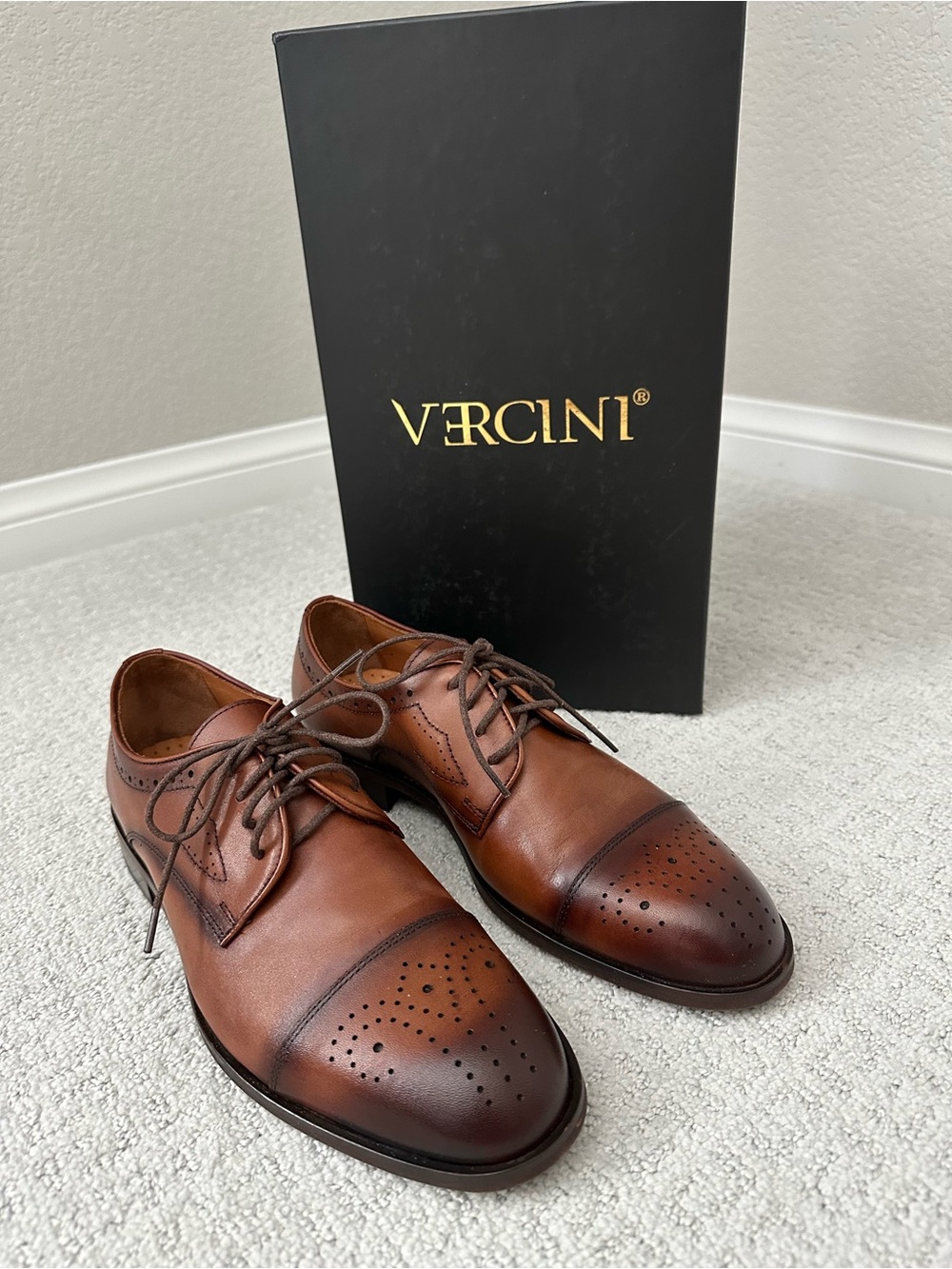 Men's Tan Brown Leather Cap-Toe Lace-Up Oxfords